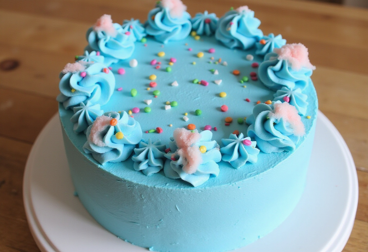 Finished Cotton Candy Cake with blue frosting, cotton candy, and sprinkles.