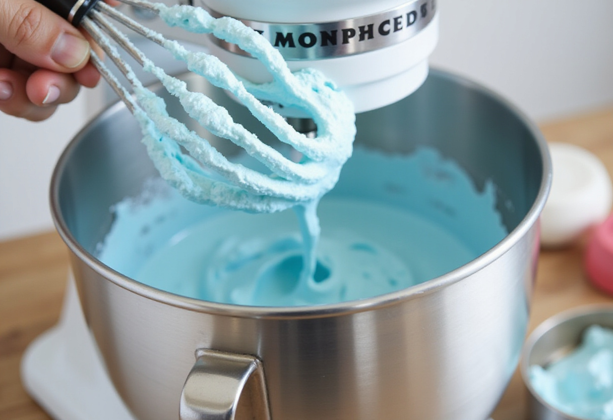 Blue buttercream frosting being prepared for Amazing Cotton Candy Cake.