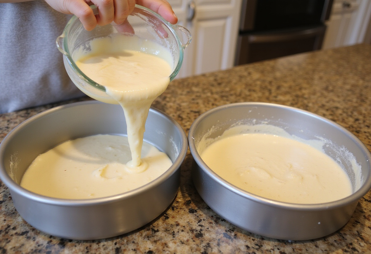 Cake batter being poured into baking pans for the Cotton Candy Cake.