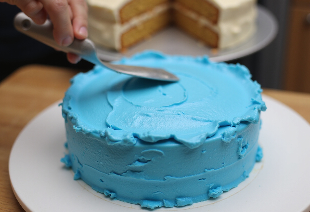 Frosting the first layer of Cotton Candy Cake with blue buttercream.