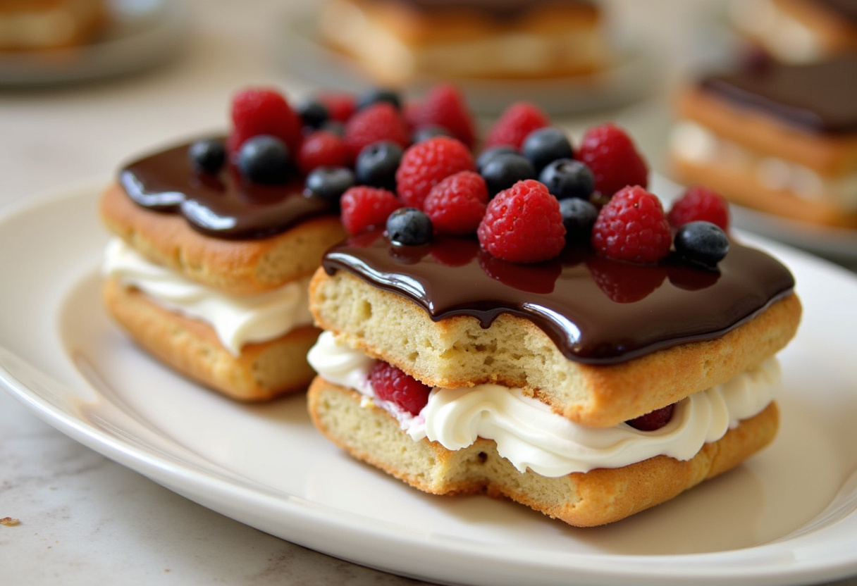Finished No-Bake Eclair Cake with chocolate glaze and whipped cream, perfect for dessert.