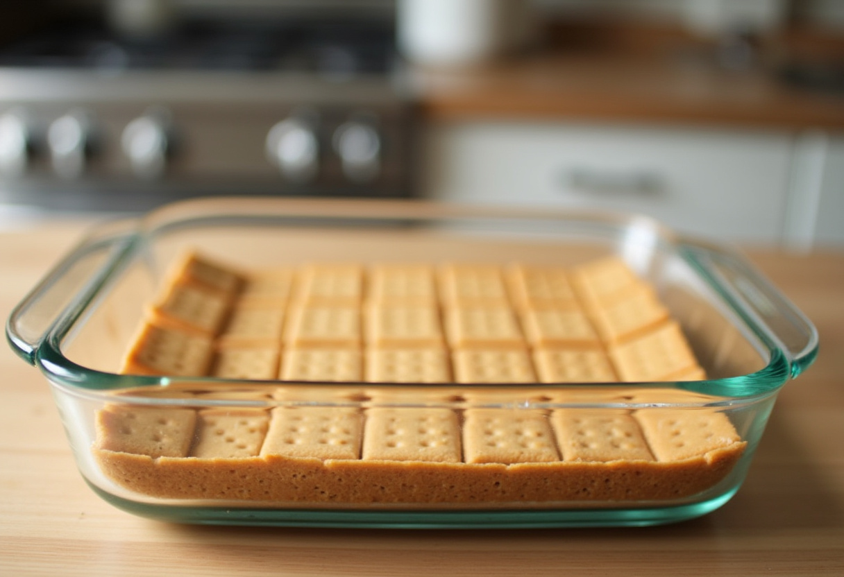 Graham crackers arranged in a baking dish for No-Bake Eclair Cake.