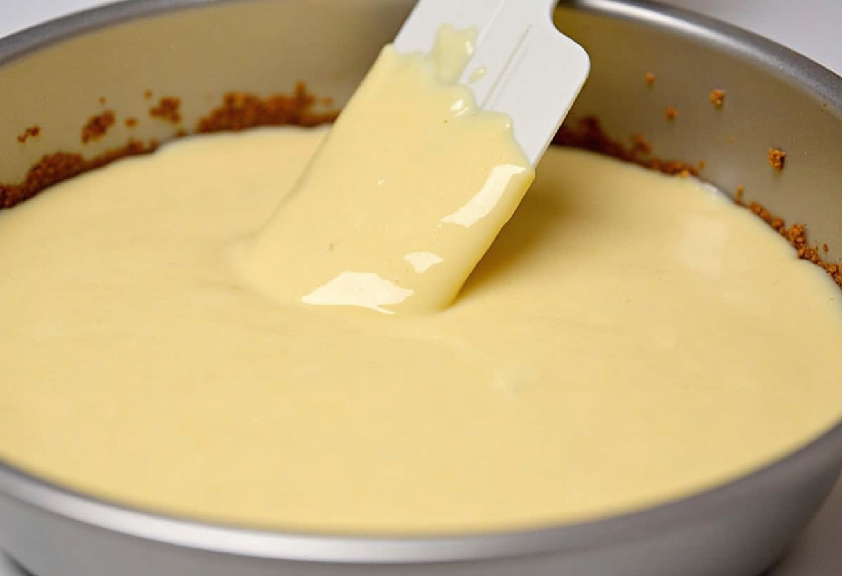 Vanilla pudding spread over graham crackers for No-Bake Eclair Cake.