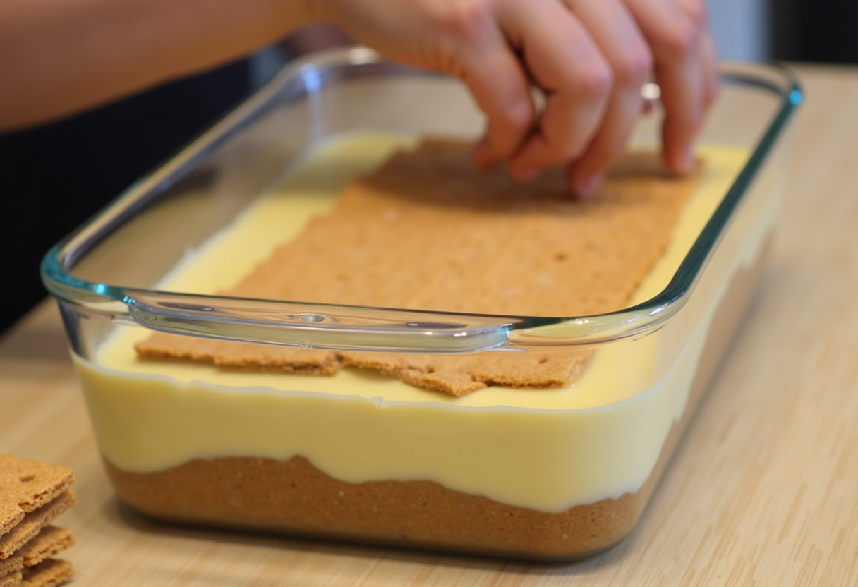 Second layer of graham crackers added to No-Bake Eclair Cake.
