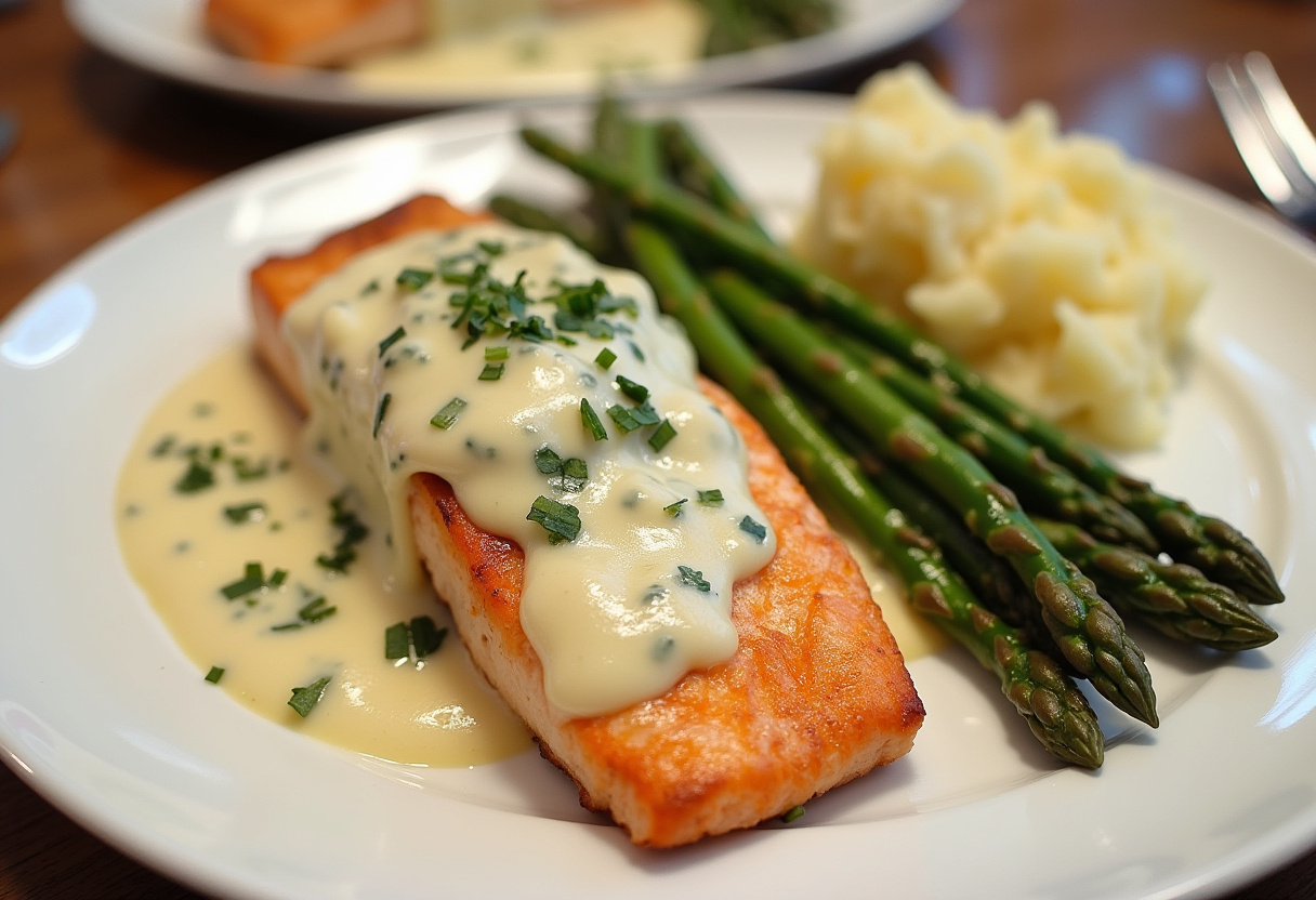 Finished pan-fried salmon with creamy Florentine sauce, a gourmet dinner dish.