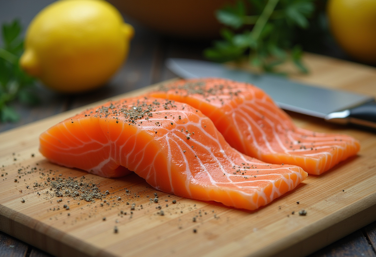 Fresh salmon fillet seasoned for pan-frying with creamy Florentine sauce.