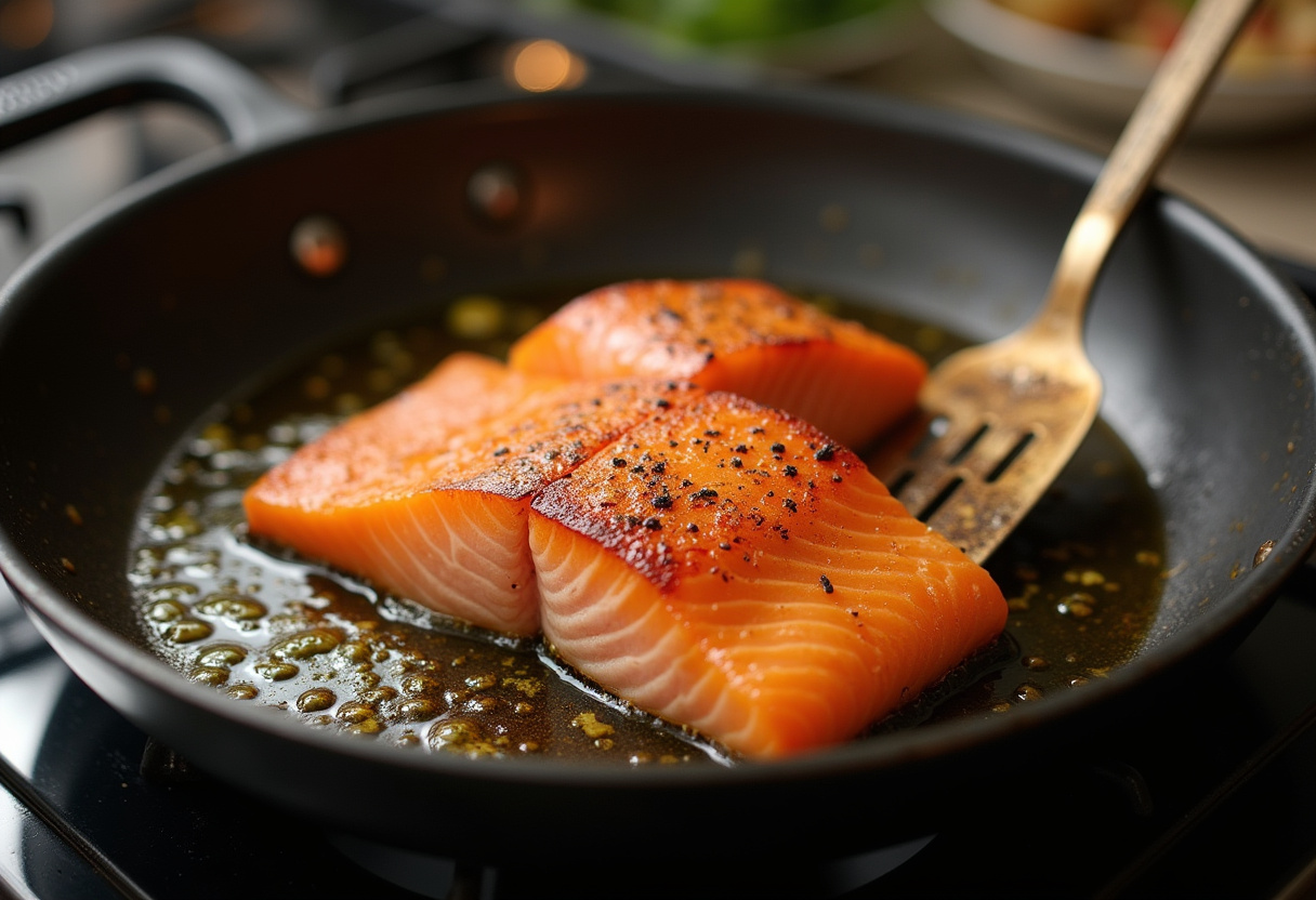 Salmon fillet cooking in a skillet for pan-fried salmon with Florentine sauce.