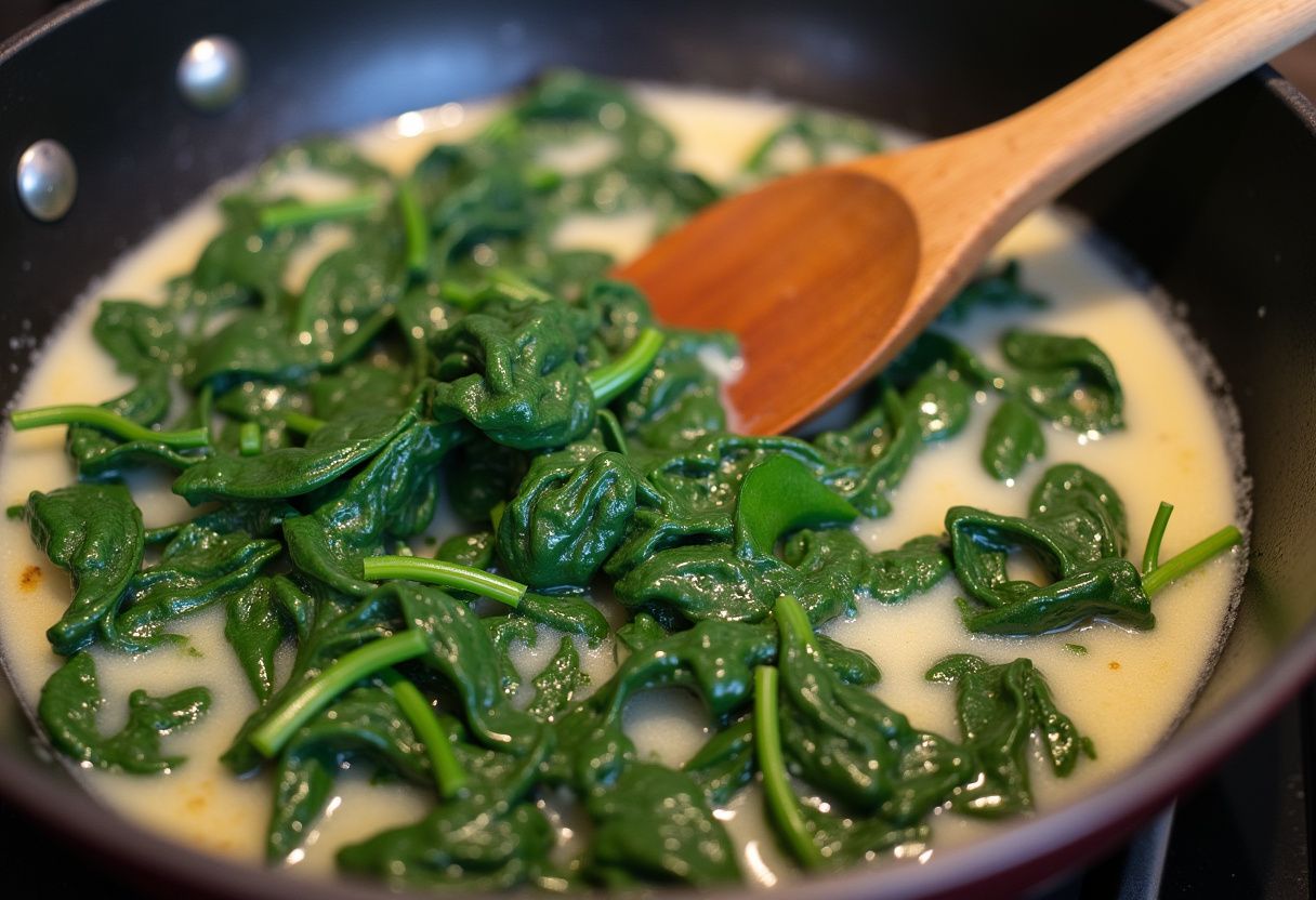 Creamy Florentine sauce with spinach and garlic being prepared for salmon.