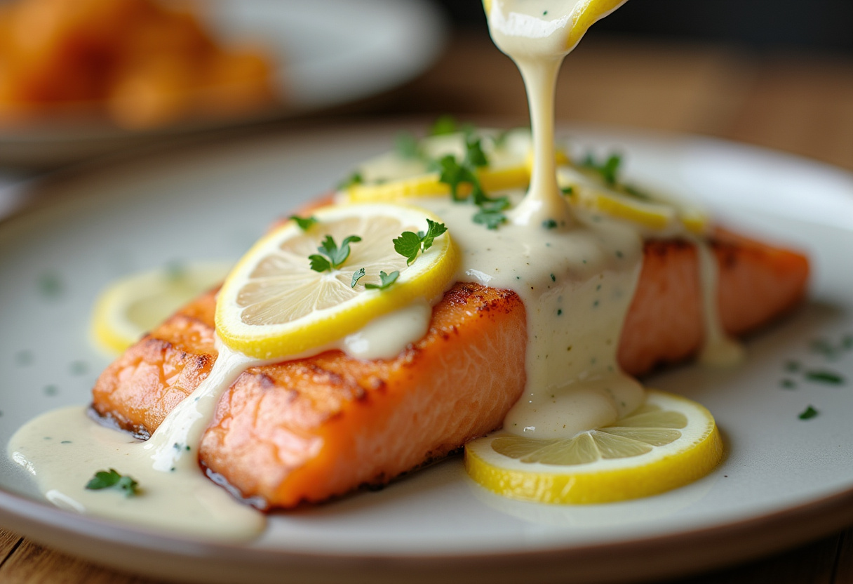 Pan-fried salmon topped with creamy Florentine sauce and lemon garnish.