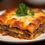 Finished Parmesan Garlic Bacon Cheeseburger Lasagna with melted cheese and crispy bacon topping.