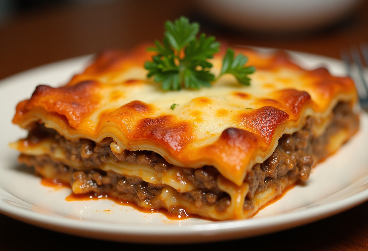Finished Parmesan Garlic Bacon Cheeseburger Lasagna with melted cheese and crispy bacon topping.