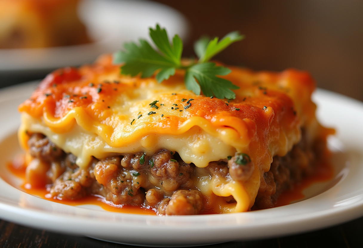 Finished Parmesan Garlic Bacon Cheeseburger Lasagna with melted cheese and crispy bacon topping.