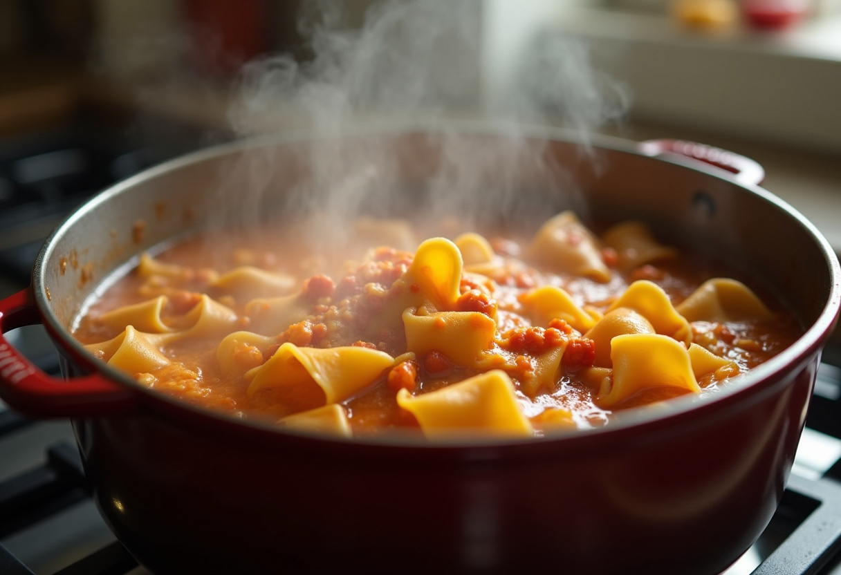 Lasagna noodles boiling in a pot for Parmesan Garlic Bacon Cheeseburger Lasagna.