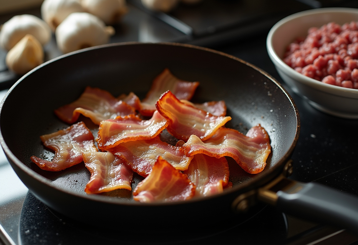 Crispy bacon and ground beef cooking in a skillet for Parmesan Garlic Bacon Cheeseburger Lasagna.