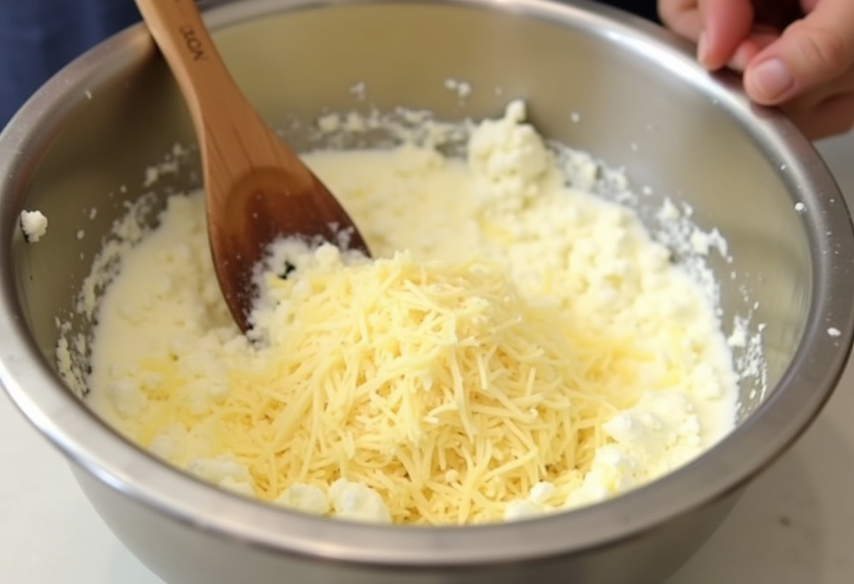 Ricotta, Parmesan, and garlic mixture being prepared for Parmesan Garlic Bacon Cheeseburger Lasagna.