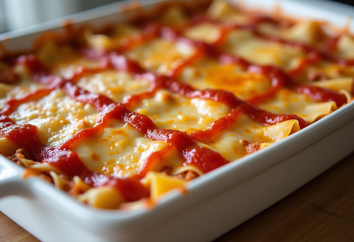 Layering lasagna noodles, meat, bacon, and cheese in a baking dish for Parmesan Garlic Bacon Cheeseburger Lasagna.
