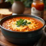 Delicious Pastina Soup served hot with melted cheese and herbs, perfect for comfort food.