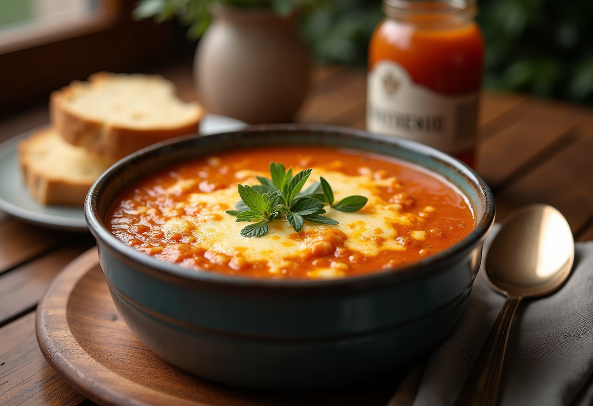Delicious Pastina Soup served hot with melted cheese and herbs, perfect for comfort food.