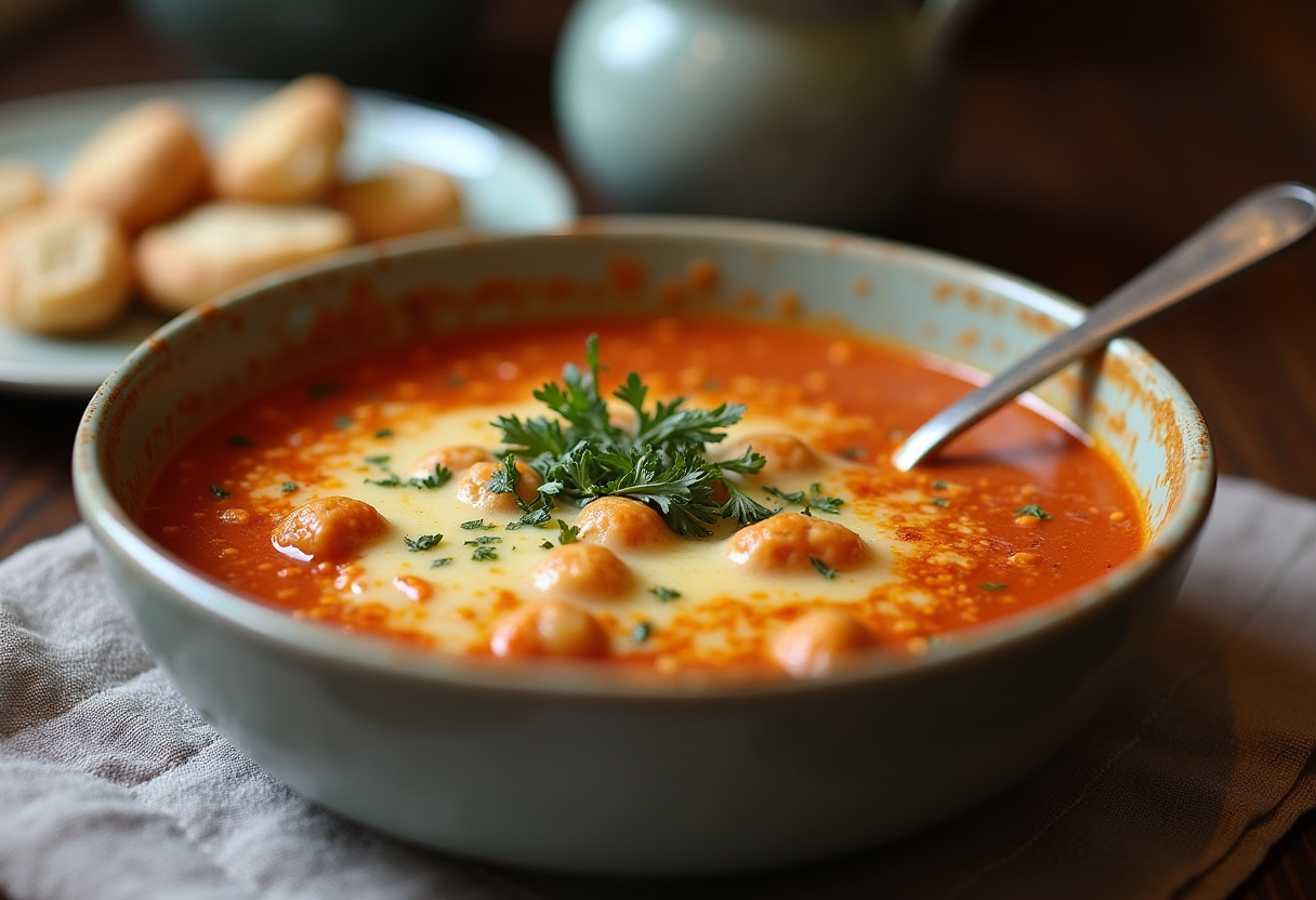 Delicious Pastina Soup served hot with melted cheese and herbs, perfect for comfort food.
