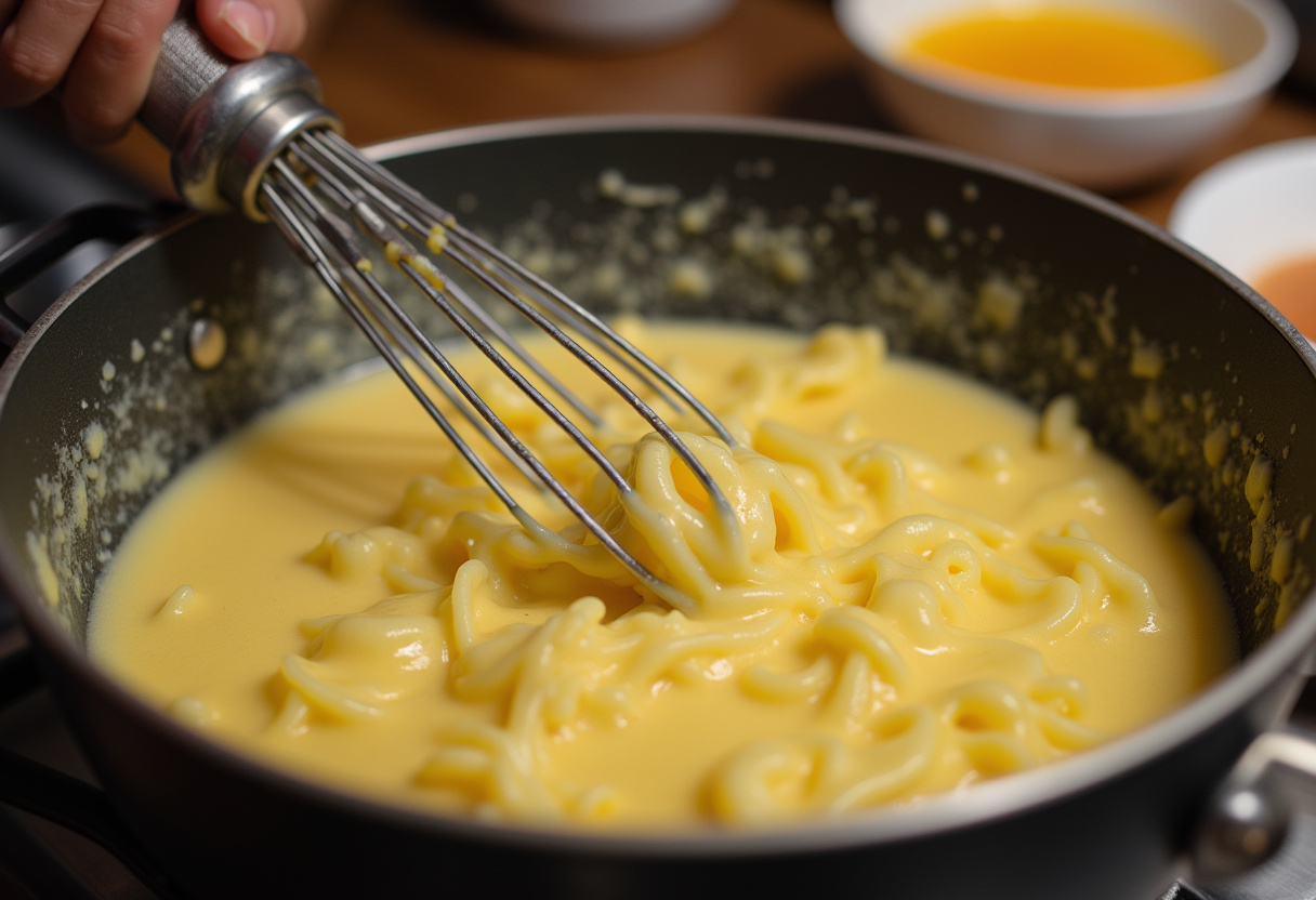 Stirring Pastina pasta in boiling water for soup preparation.