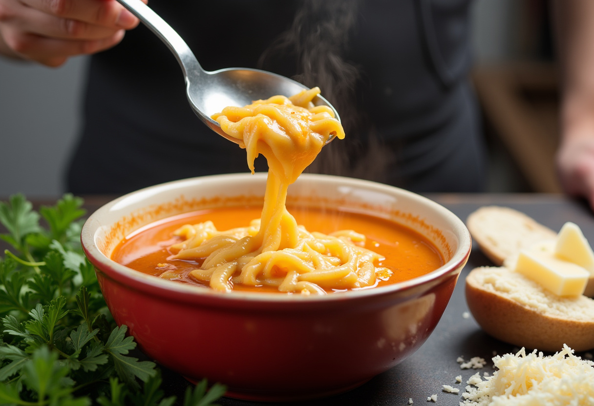 Ladling Pastina Soup into a bowl with Parmesan and parsley garnish.