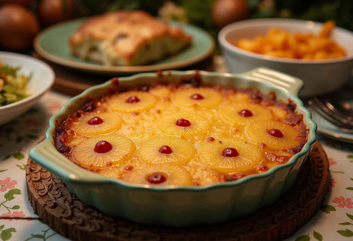 Golden-brown Pineapple Casserole served for Easter Dinner, a sweet and savory holiday side dish.