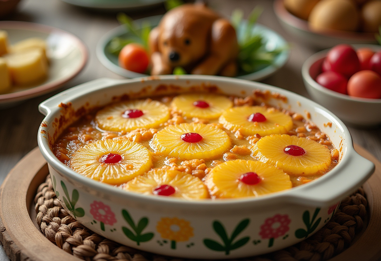 Golden-brown Pineapple Casserole served for Easter Dinner, a sweet and savory holiday side dish.