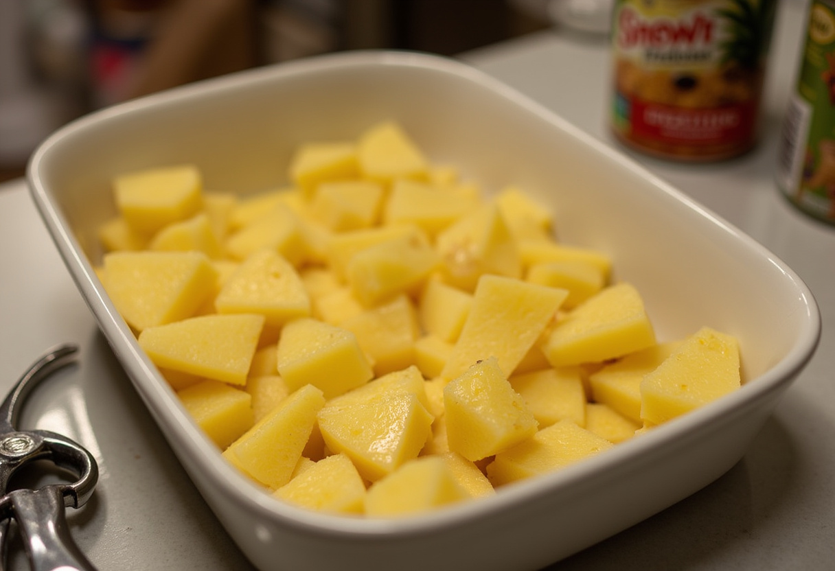Pineapple chunks in a baking dish for making Pineapple Casserole for Easter Dinner.