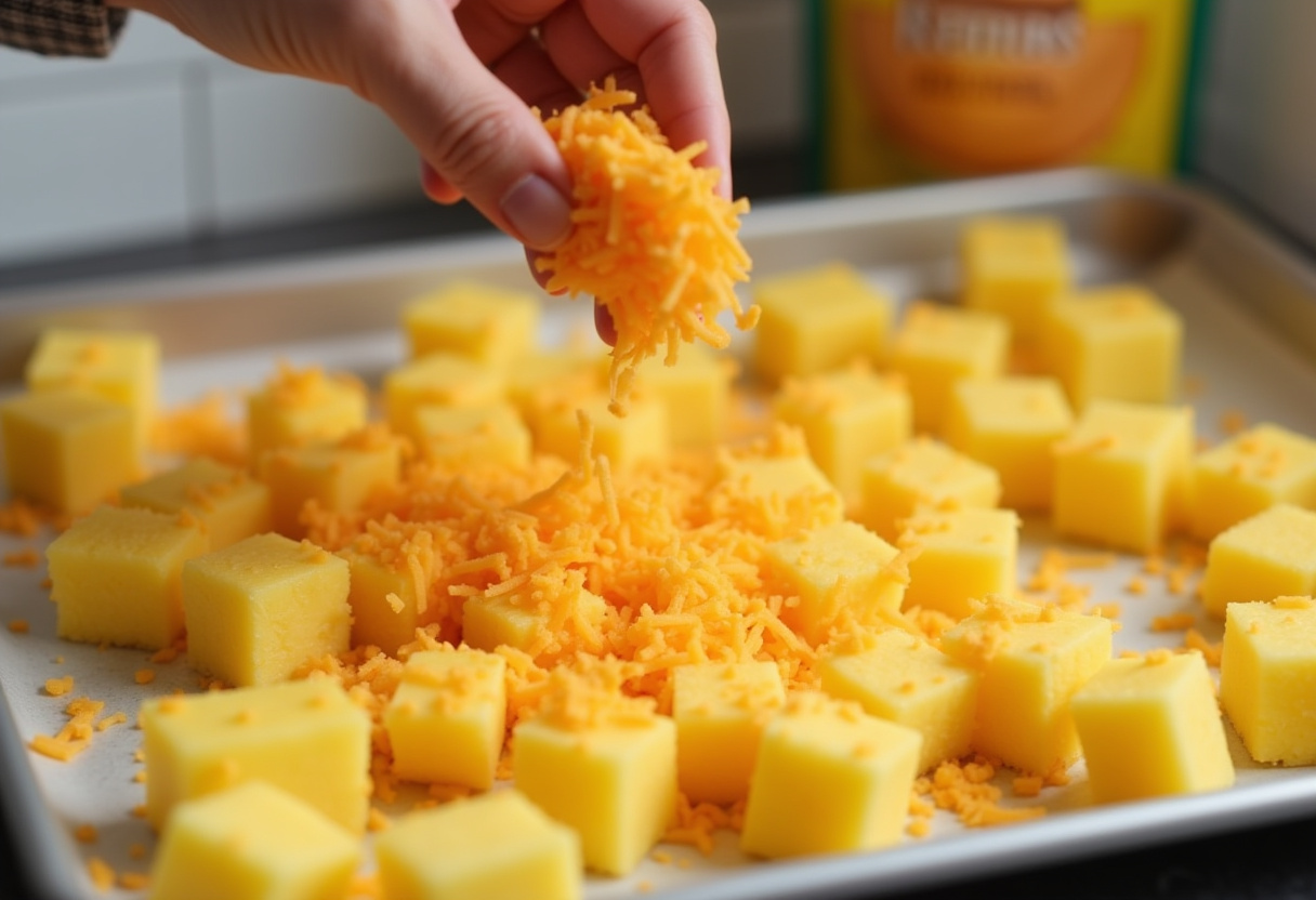 Shredded cheddar cheese being added to pineapple chunks for Pineapple Casserole.