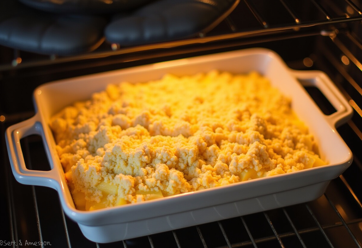 Pineapple Casserole topped with buttery cracker crumbs ready for baking.