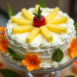 Finished Pineapple Paradise Cake with whipped cream and fresh pineapple, perfect for a tropical dessert.