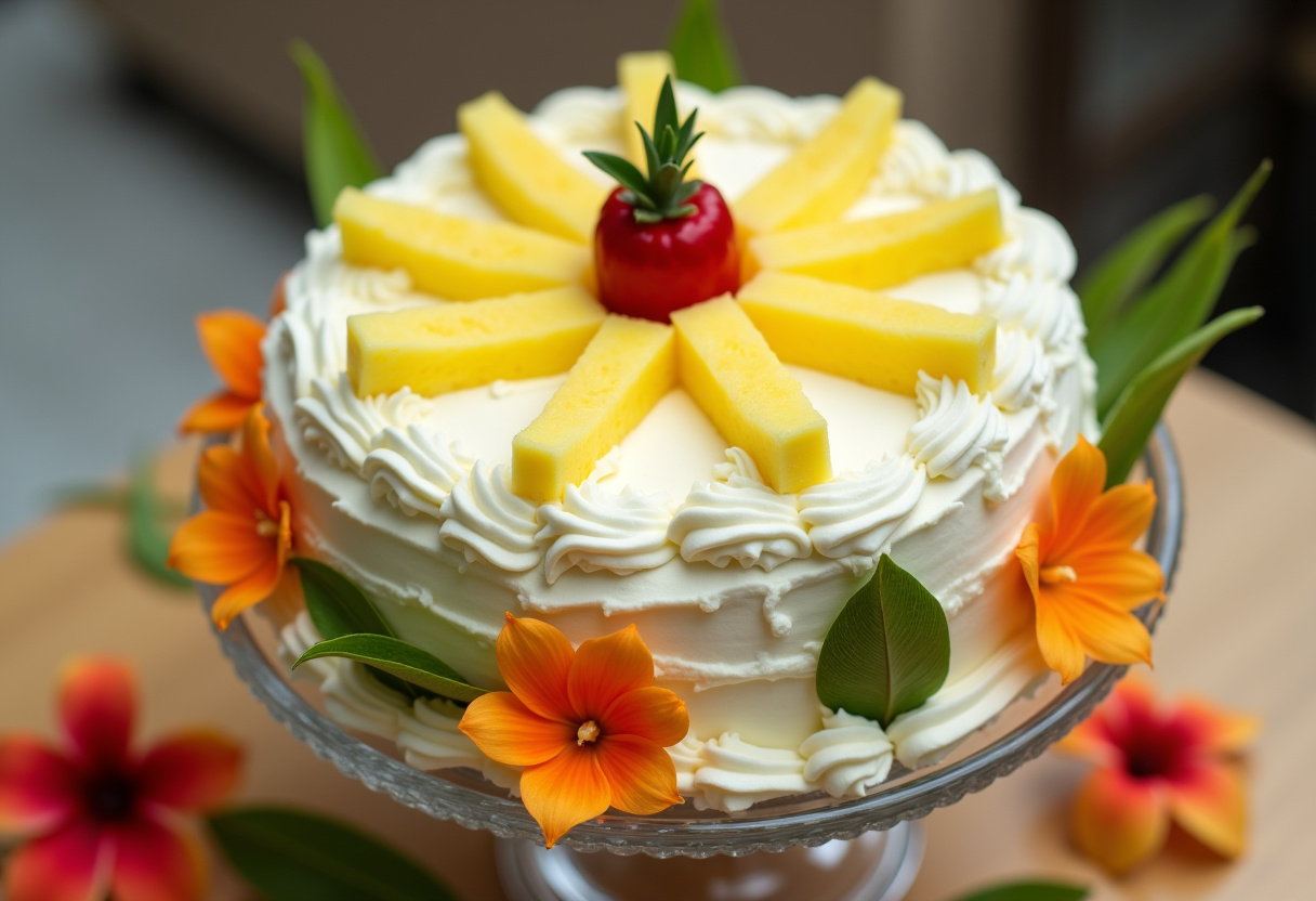 Finished Pineapple Paradise Cake with whipped cream and fresh pineapple, perfect for a tropical dessert.
