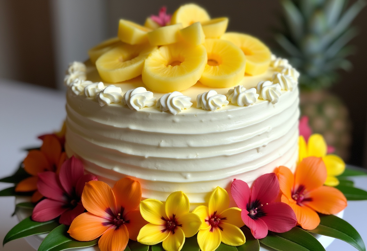 Finished Pineapple Paradise Cake with whipped cream and fresh pineapple, perfect for a tropical dessert.