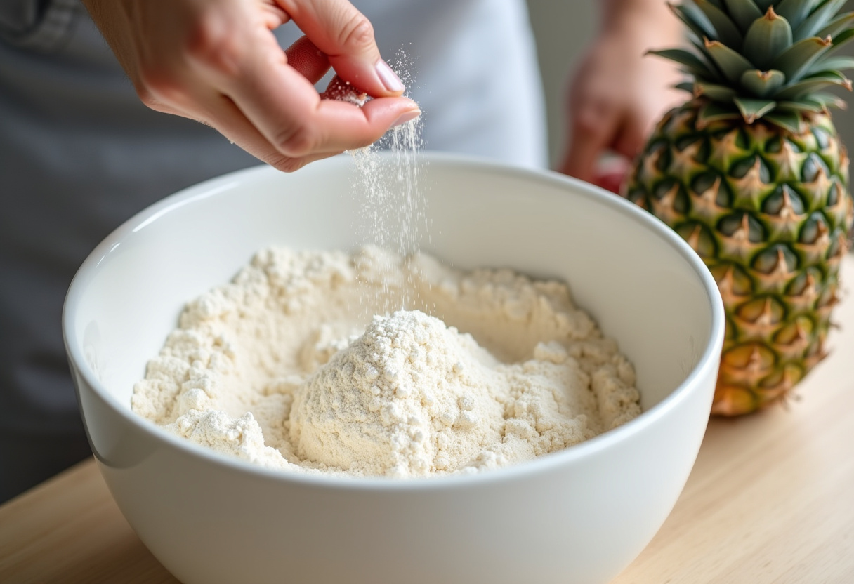 Dry ingredients sifted in a bowl for Pineapple Paradise Cake preparation.