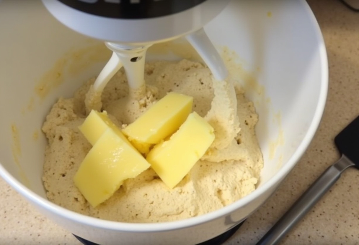 Butter and crushed pineapple being mixed into dry ingredients for Pineapple Paradise Cake batter.