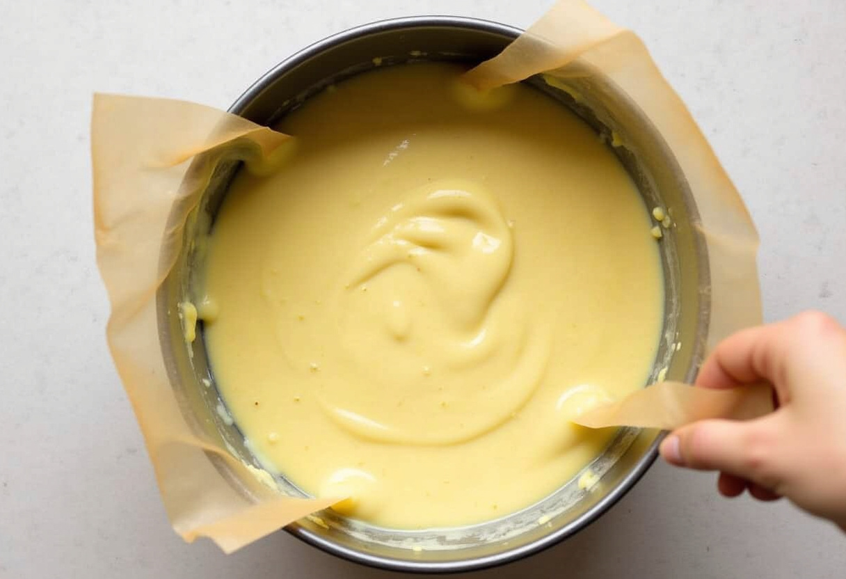 Pineapple batter poured into a prepared cake pan for Pineapple Paradise Cake.