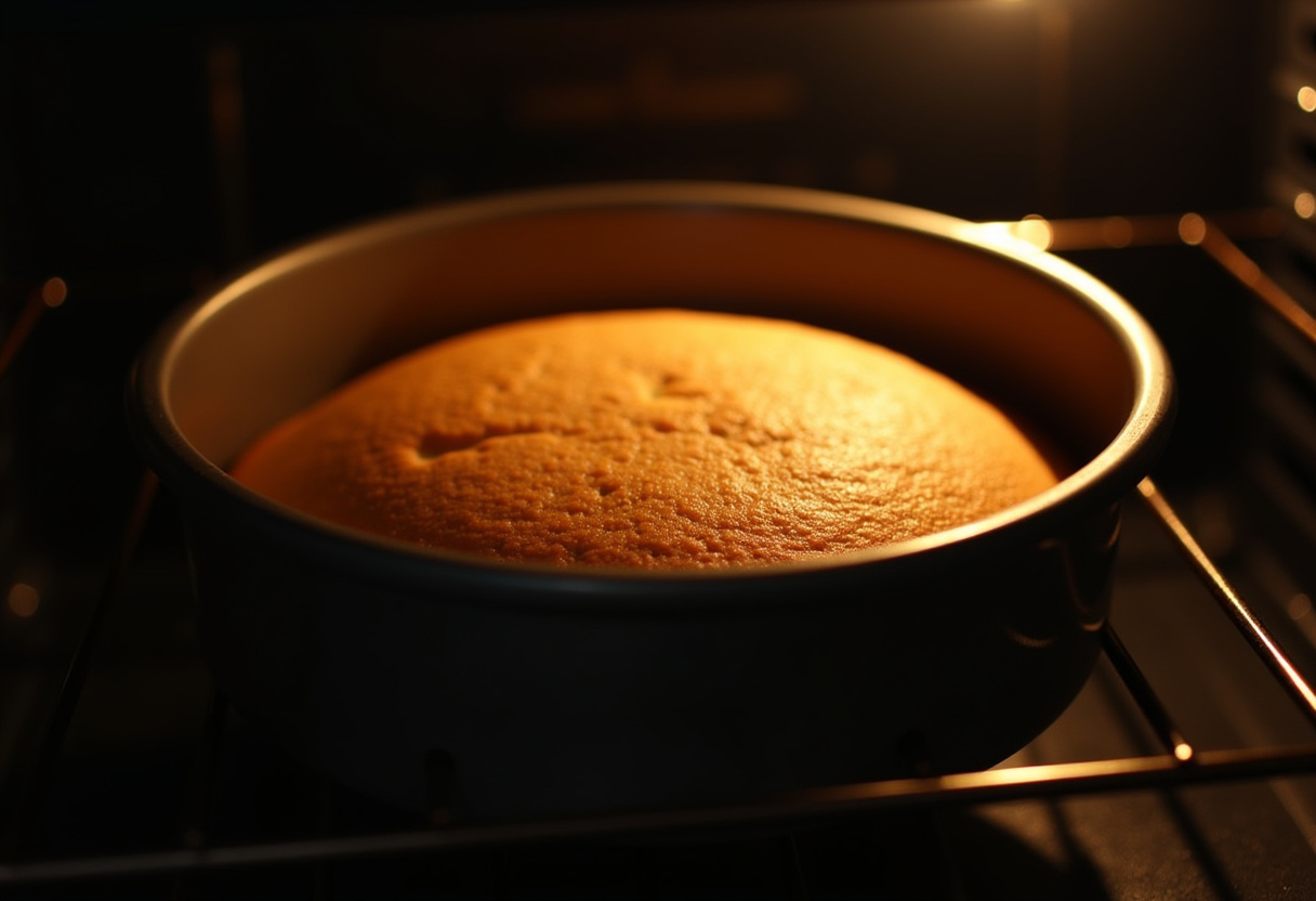 Pineapple Paradise Cake baking in the oven with a timer set.