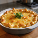 Delicious Quick Baked Mac and Cheese, golden brown and bubbly, ready to serve.