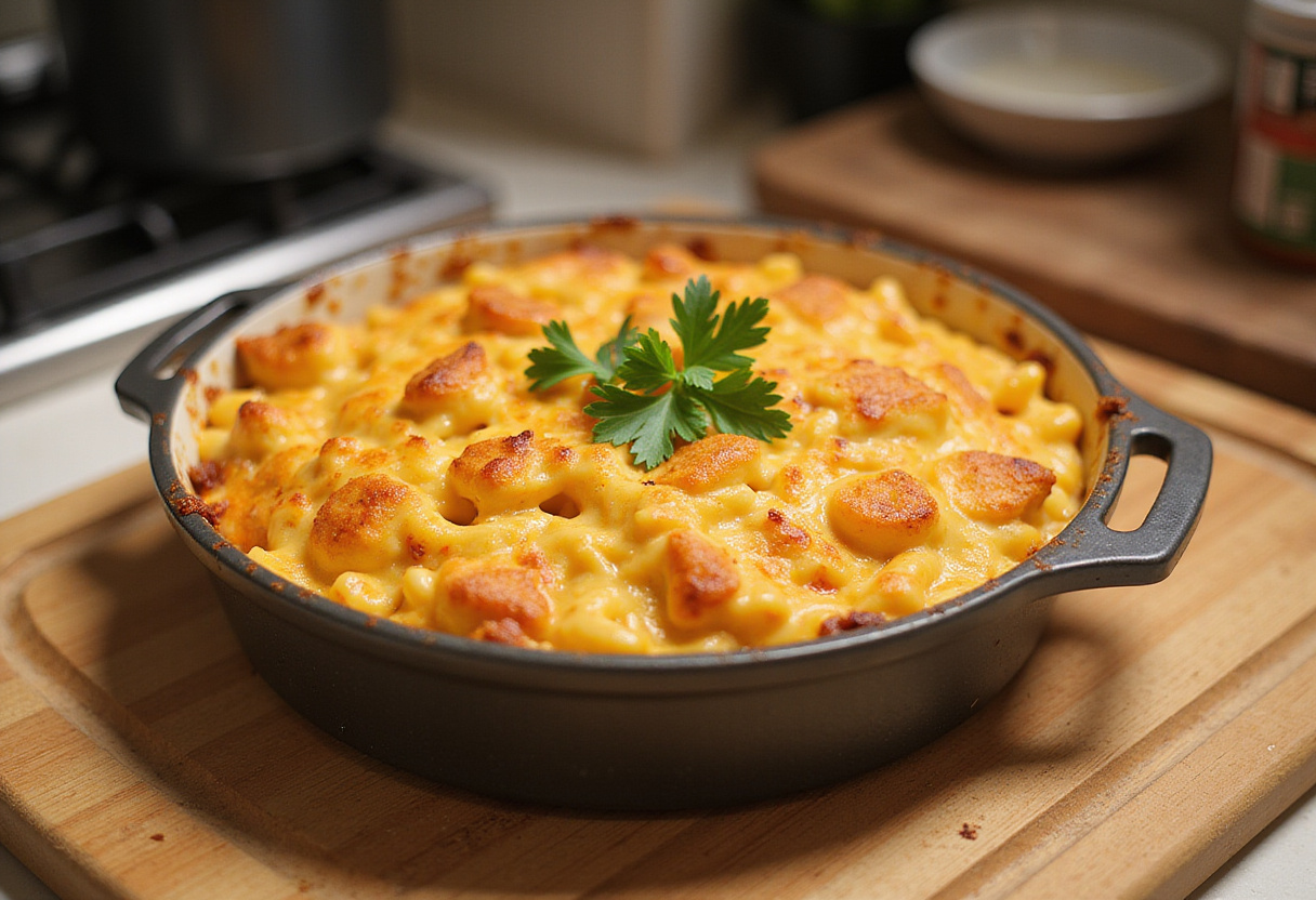 Delicious Quick Baked Mac and Cheese, golden brown and bubbly, ready to serve.