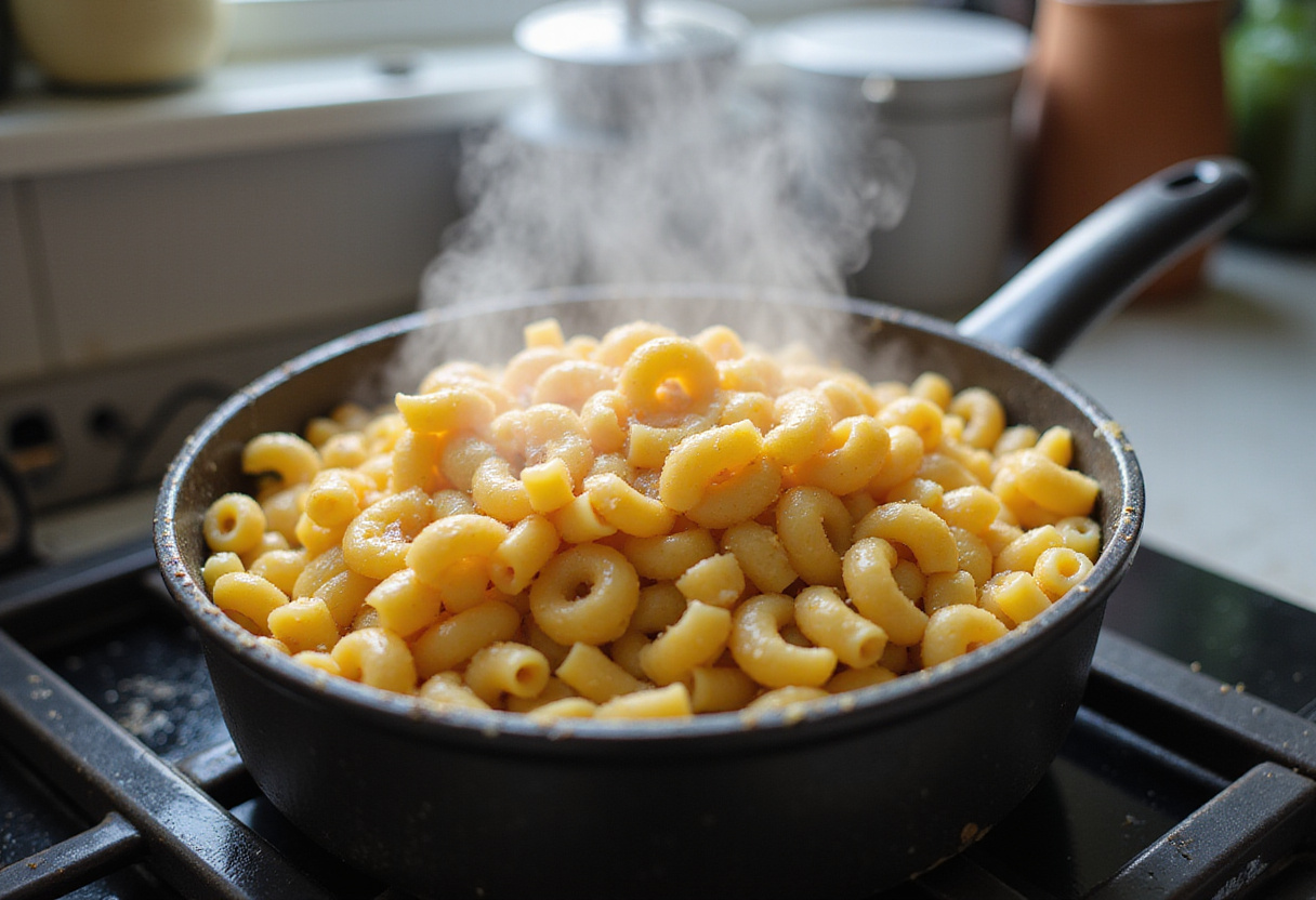 Macaroni pasta boiling in a saucepan for Quick Baked Mac and Cheese.