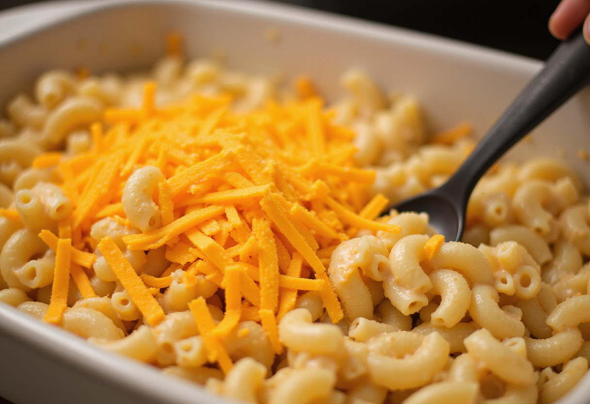Cooked macaroni being poured into a baking dish for Quick Baked Mac and Cheese.