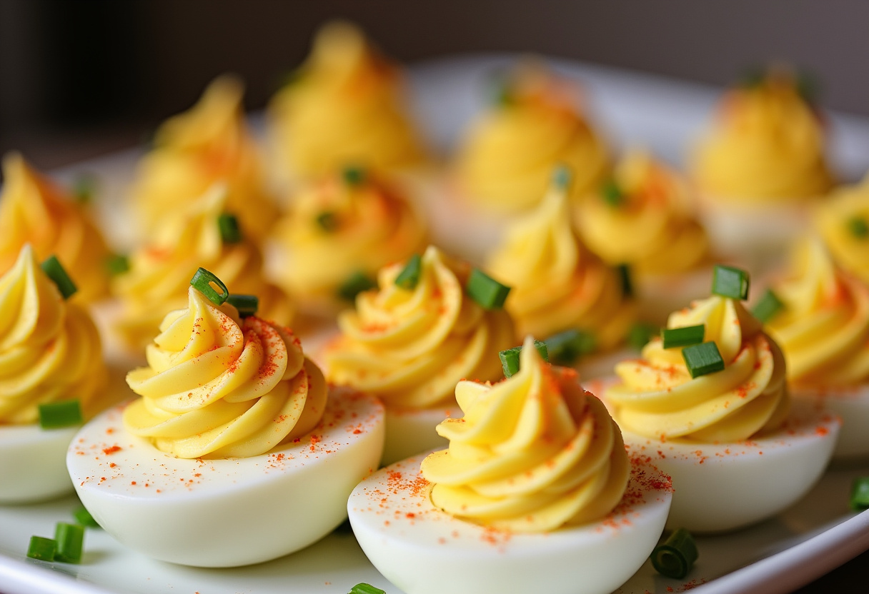 Finished Quick Deviled Eggs garnished with paprika and chives, perfect for appetizers.