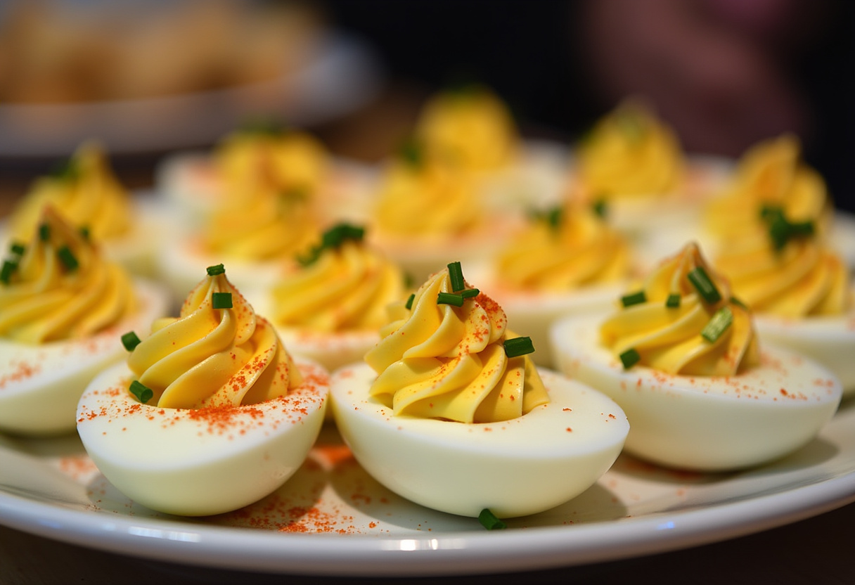 Finished Quick Deviled Eggs garnished with paprika and chives, perfect for appetizers.