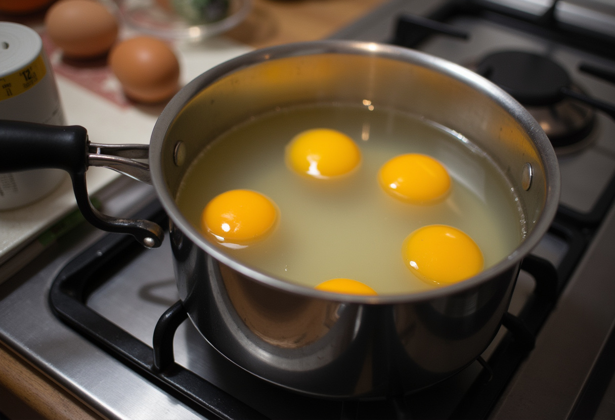Hard-boiled eggs cooking in a pot of boiling water for Quick Deviled Eggs.
