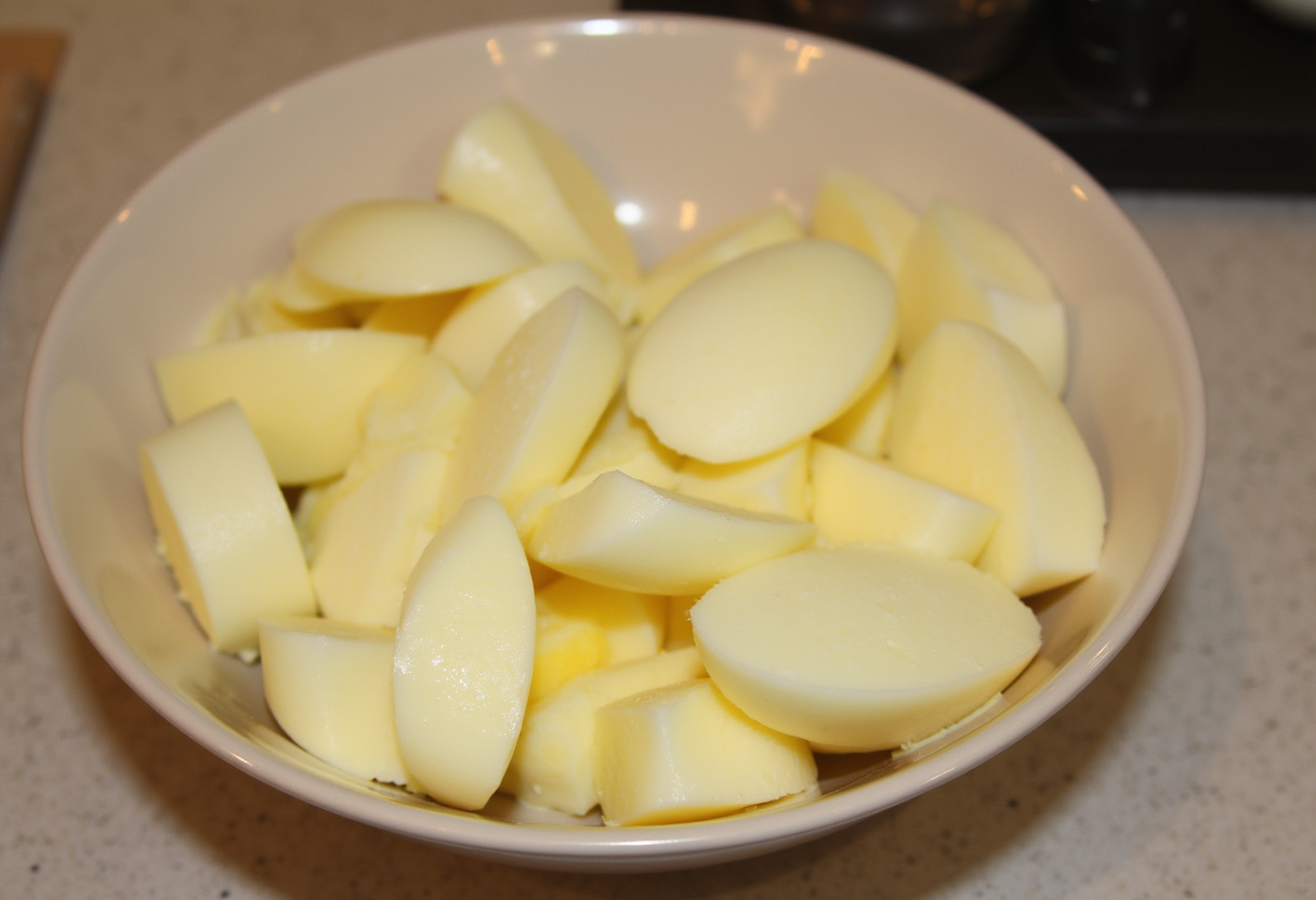 Hard-boiled eggs sliced in half for Quick Deviled Eggs preparation.