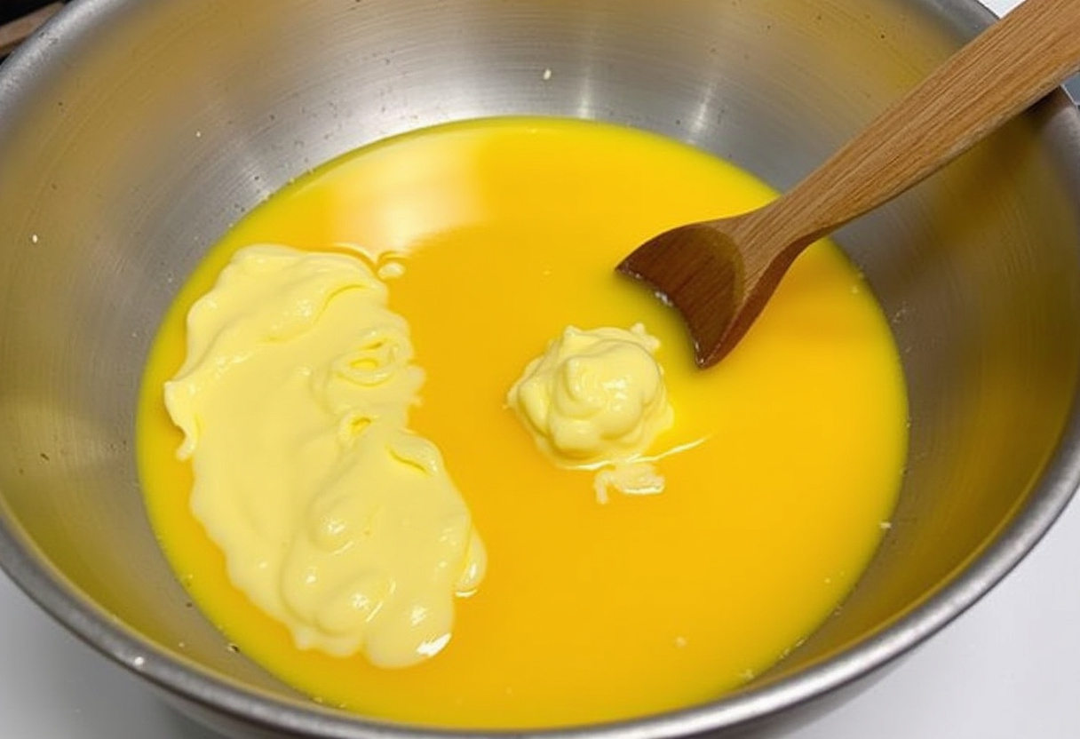 Egg yolk mixture with mayonnaise and mustard for Quick Deviled Eggs filling.