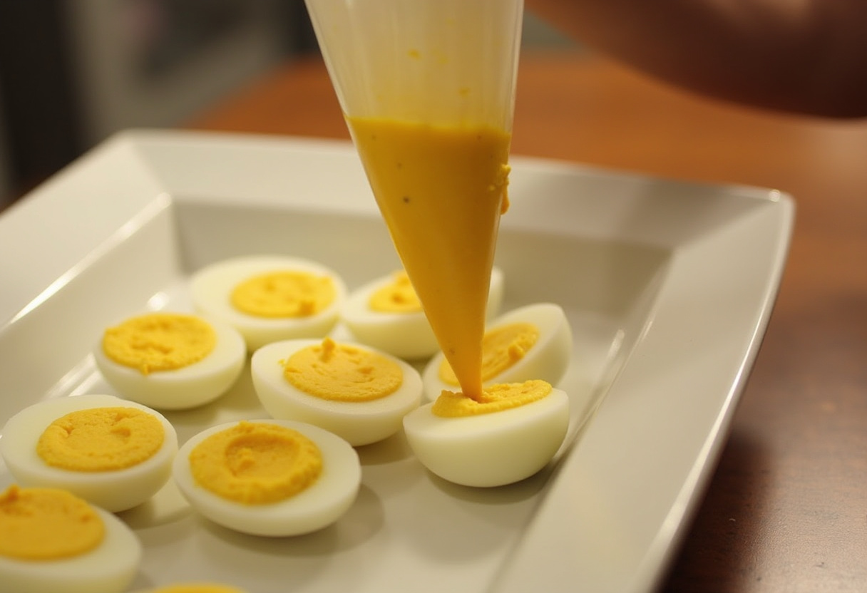 Piping bag filled with deviled egg mixture for Quick Deviled Eggs.