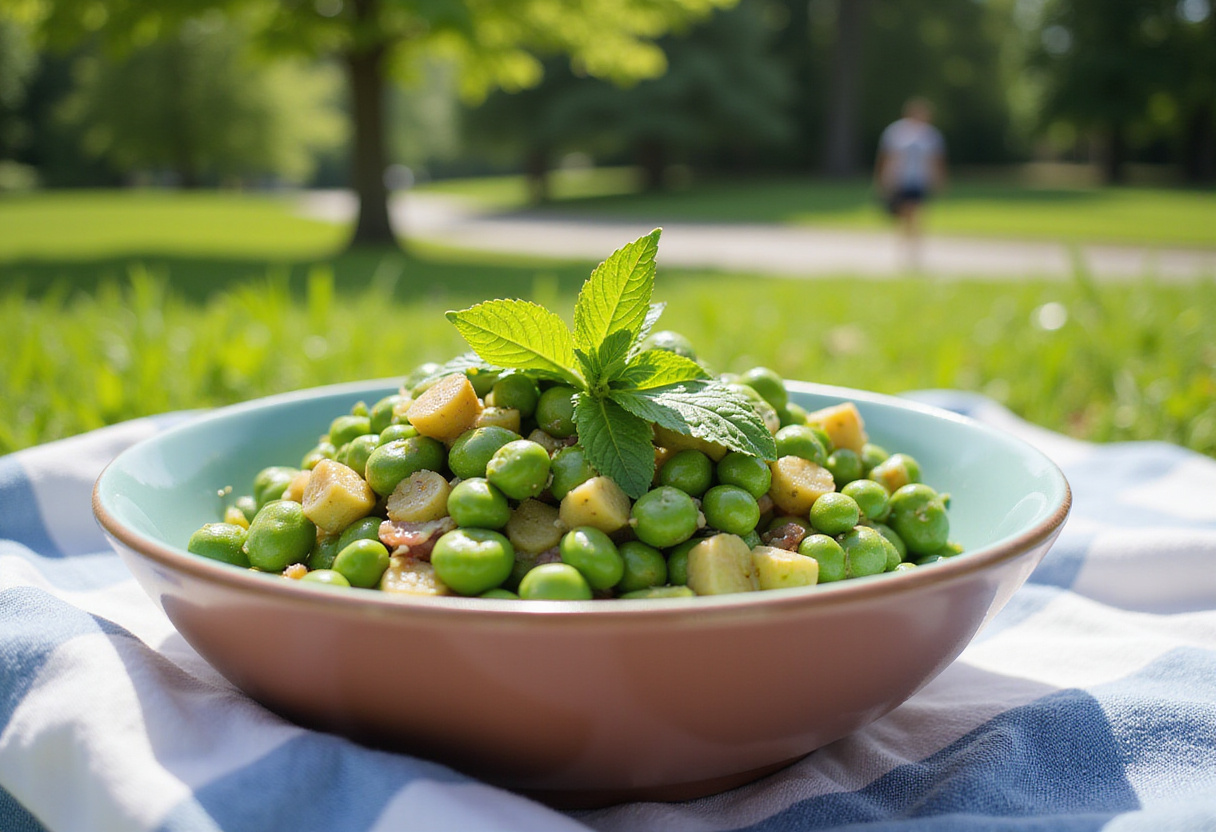 Delicious Quick Spring Pea Salad with mint garnish, perfect for a spring picnic.