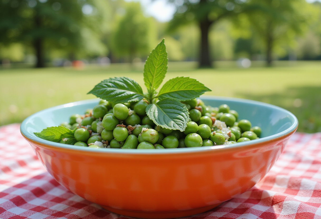 Delicious Quick Spring Pea Salad with mint garnish, perfect for a spring picnic.