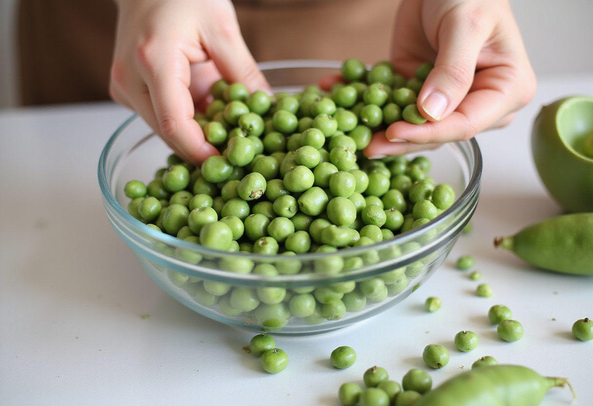 Fresh peas being shelled for a Quick Spring Pea Salad recipe.